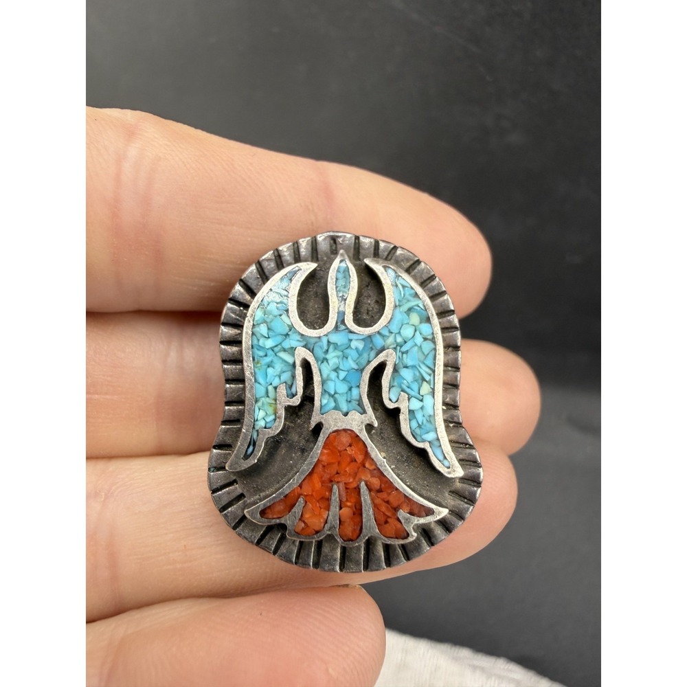 Vintage Bennett Bolo Slide Southwestern Turquoise Bird Silver Tone Signed - Picture 2 of 8